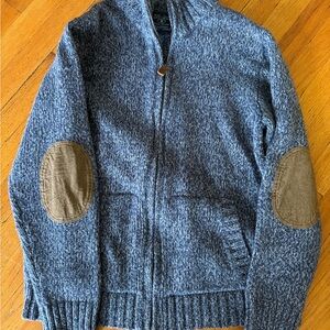 Lucky Brand Blue Zip-Up Sweater with Tan Elbow Patches